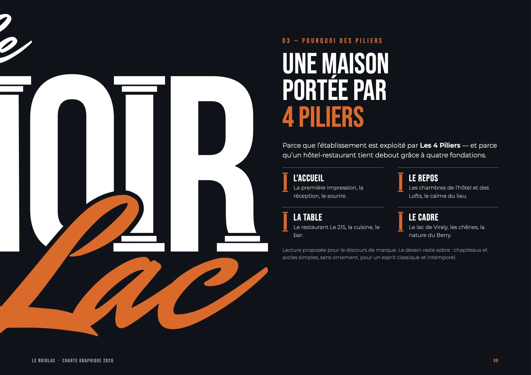 Charte graphique Le Noirlac, page 8 : Une maison portée par 4 piliers