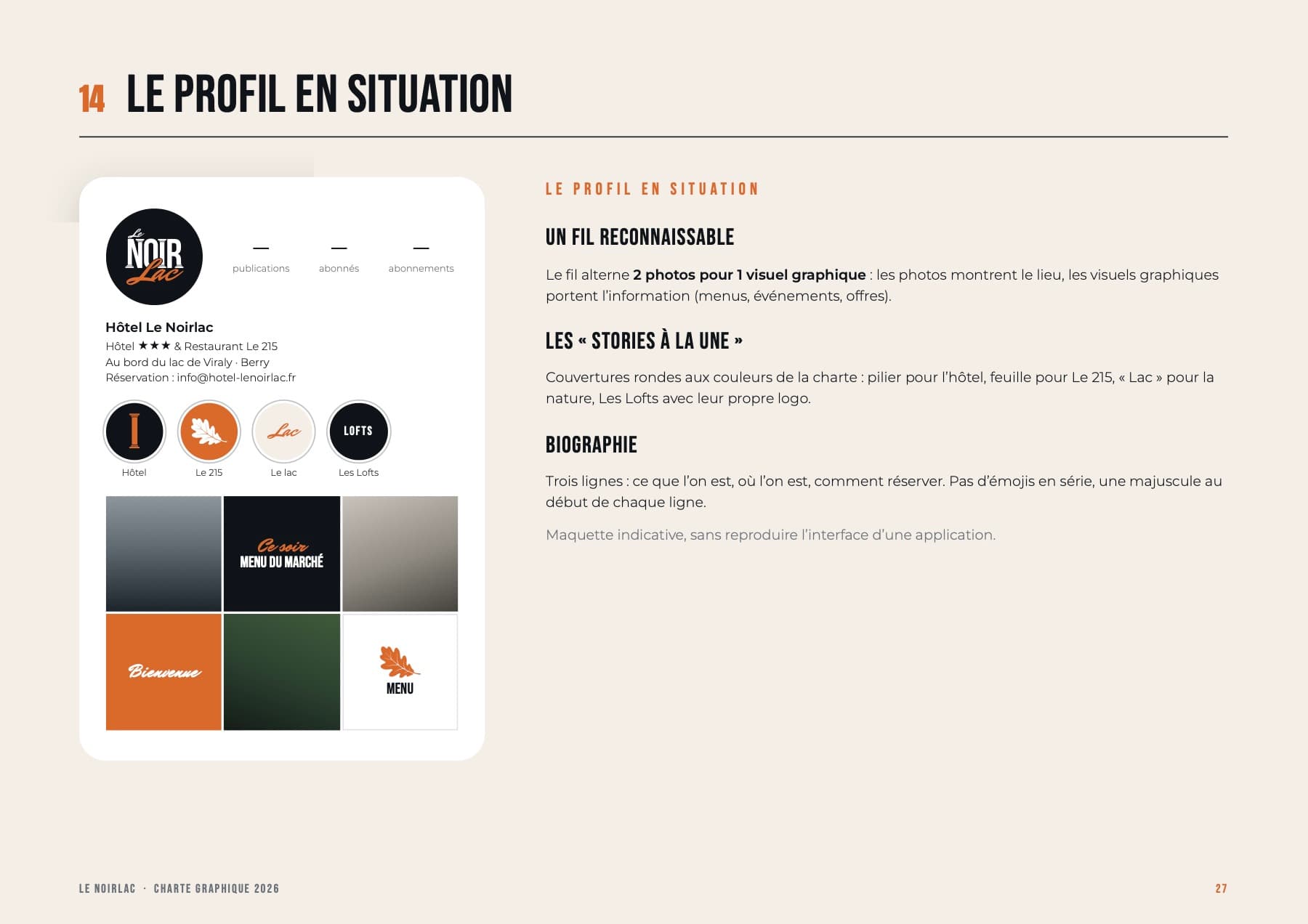 Charte graphique Le Noirlac, page 27 : Le profil et les stories à la une