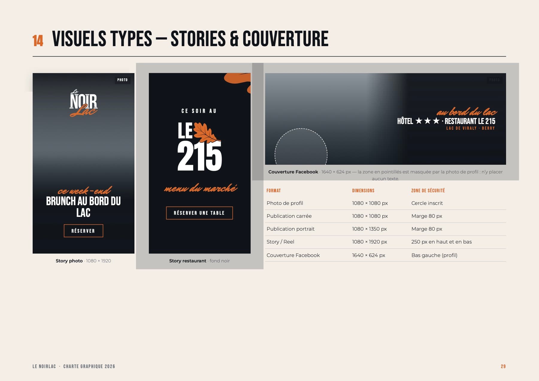 Charte graphique Le Noirlac, page 29 : Stories et couverture Facebook
