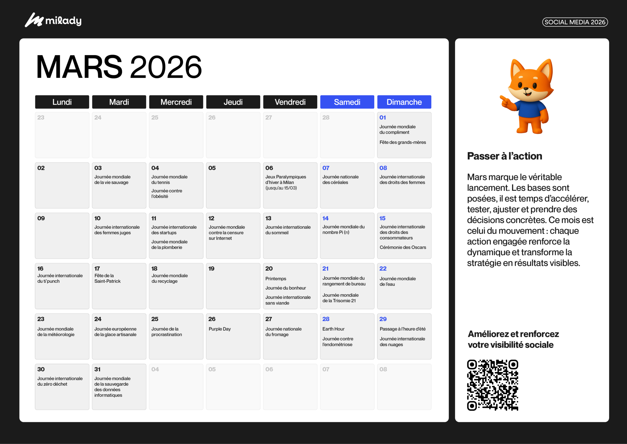 Calendrier réseaux sociaux mars 2026